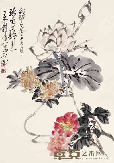 王个簃 1956年作 花卉 立轴 68×48cm